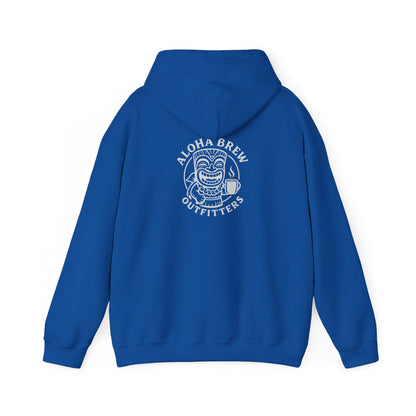 Blue hoodie with a graphic design on the back against a white background