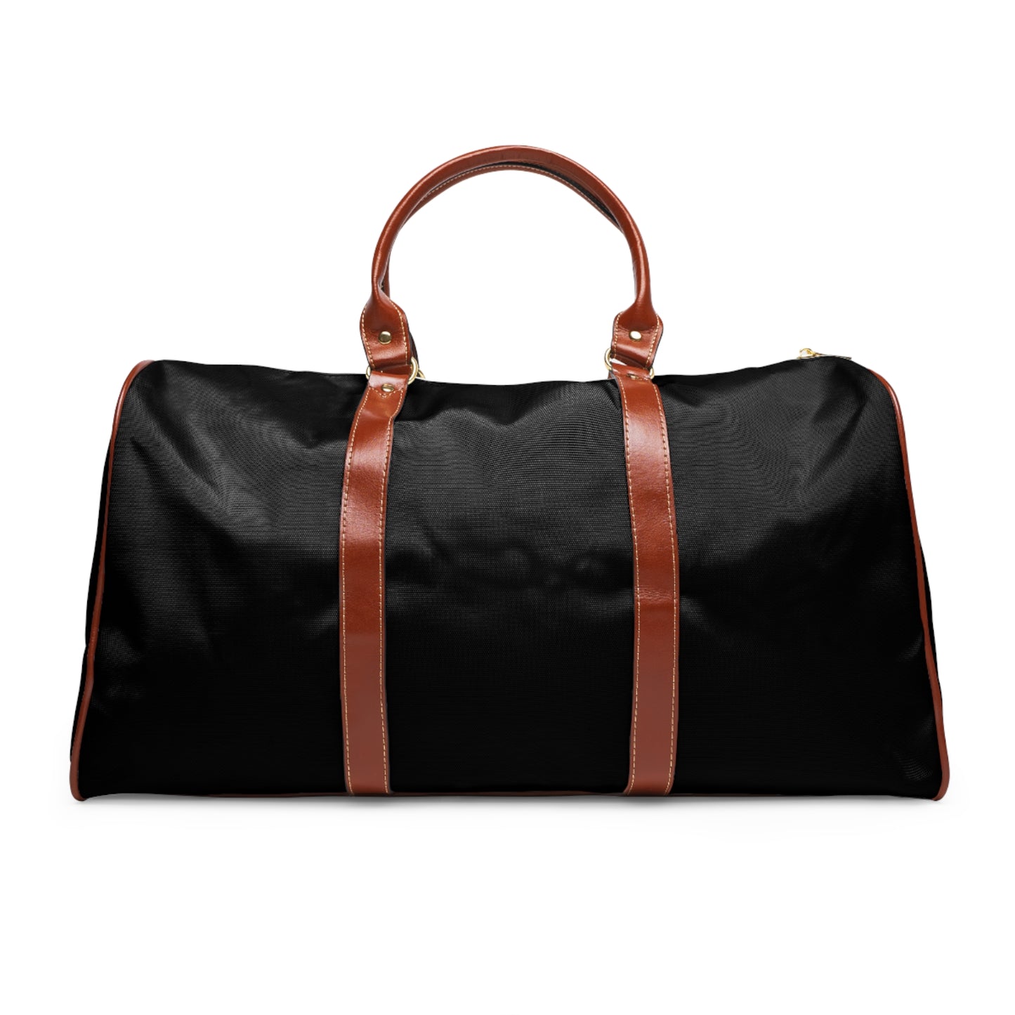 Black duffel bag with brown leather straps on a white background