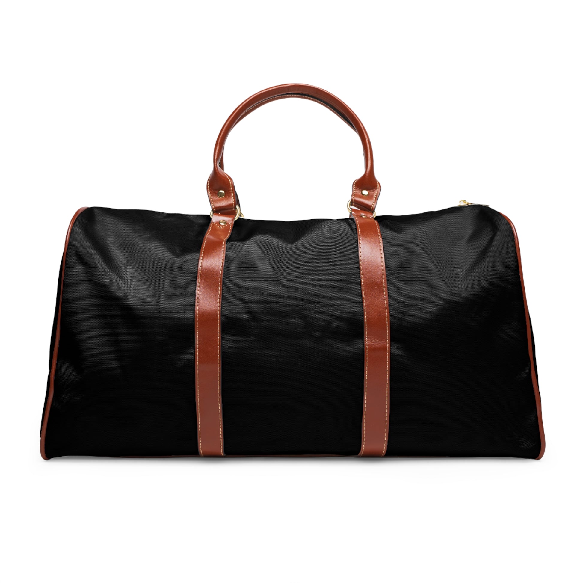 Black duffel bag with brown leather straps on a white background