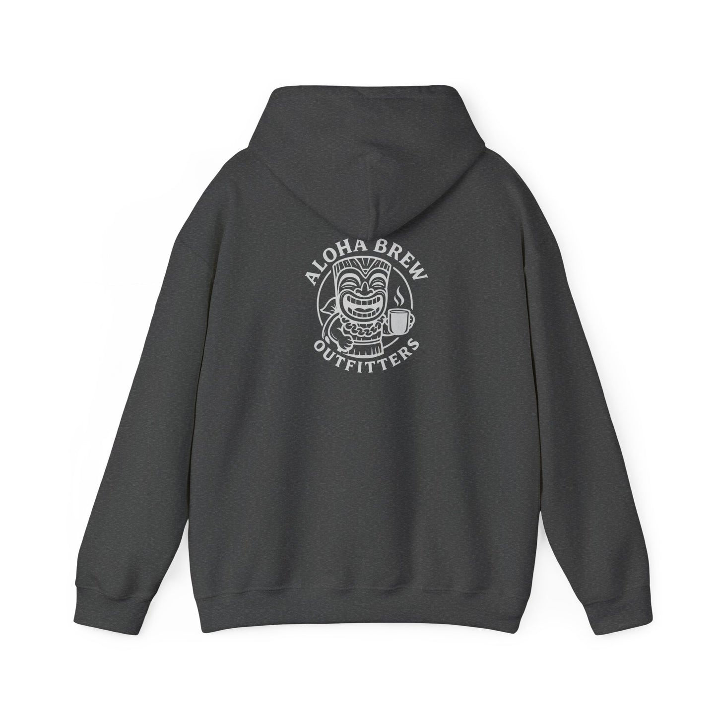 Gray hoodie with text and logo on the back against a white background