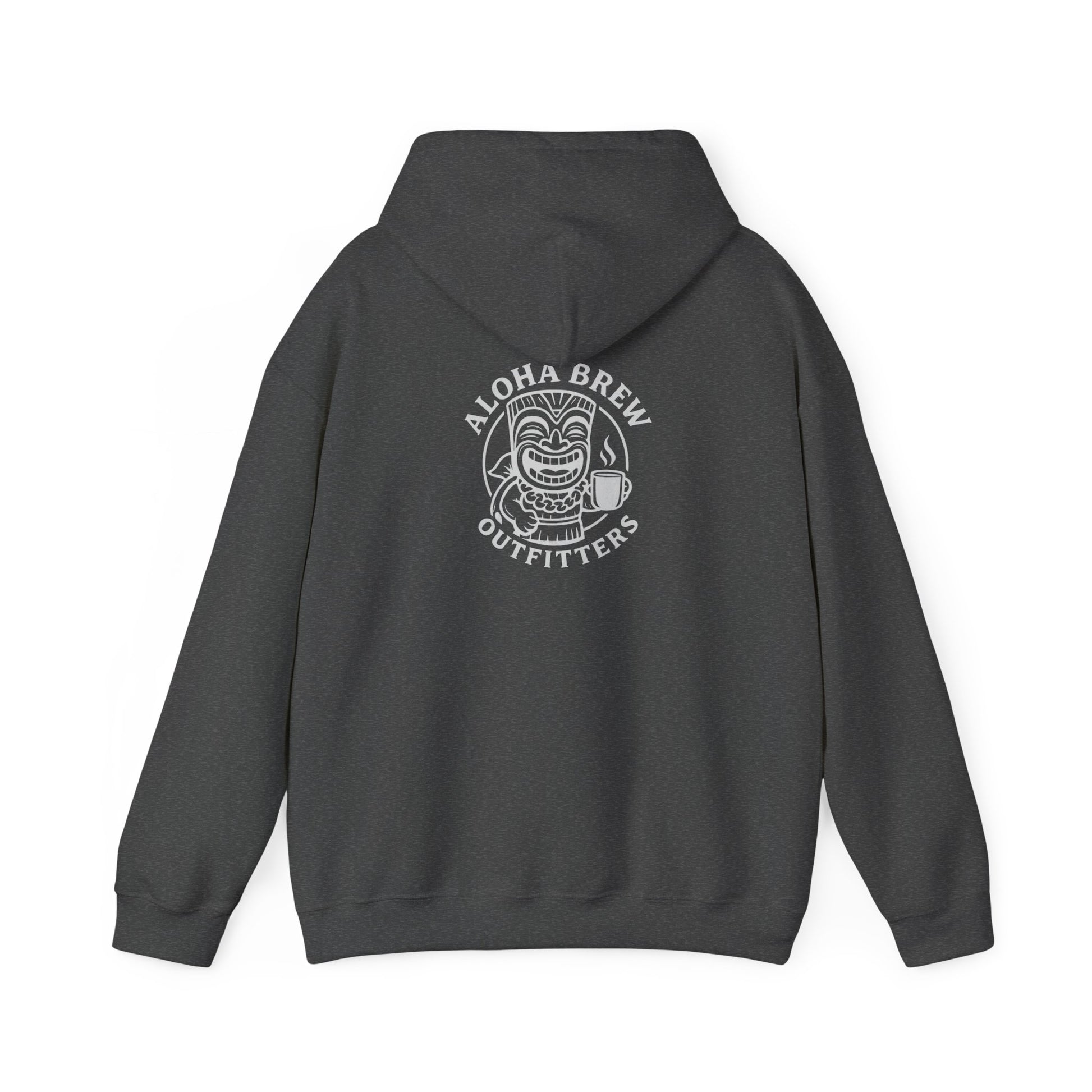 Gray hoodie with text and logo on the back against a white background