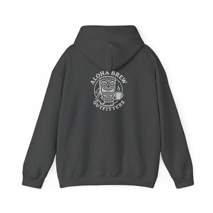 Gray hoodie with text and logo on the back against a white background
