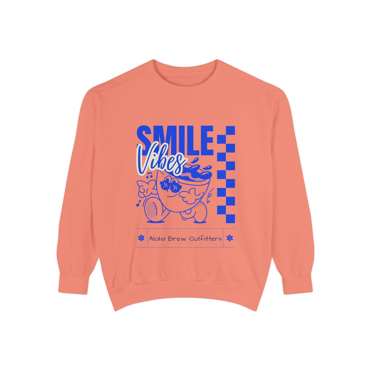 Coral sweatshirt with blue graphic and text on a white background
