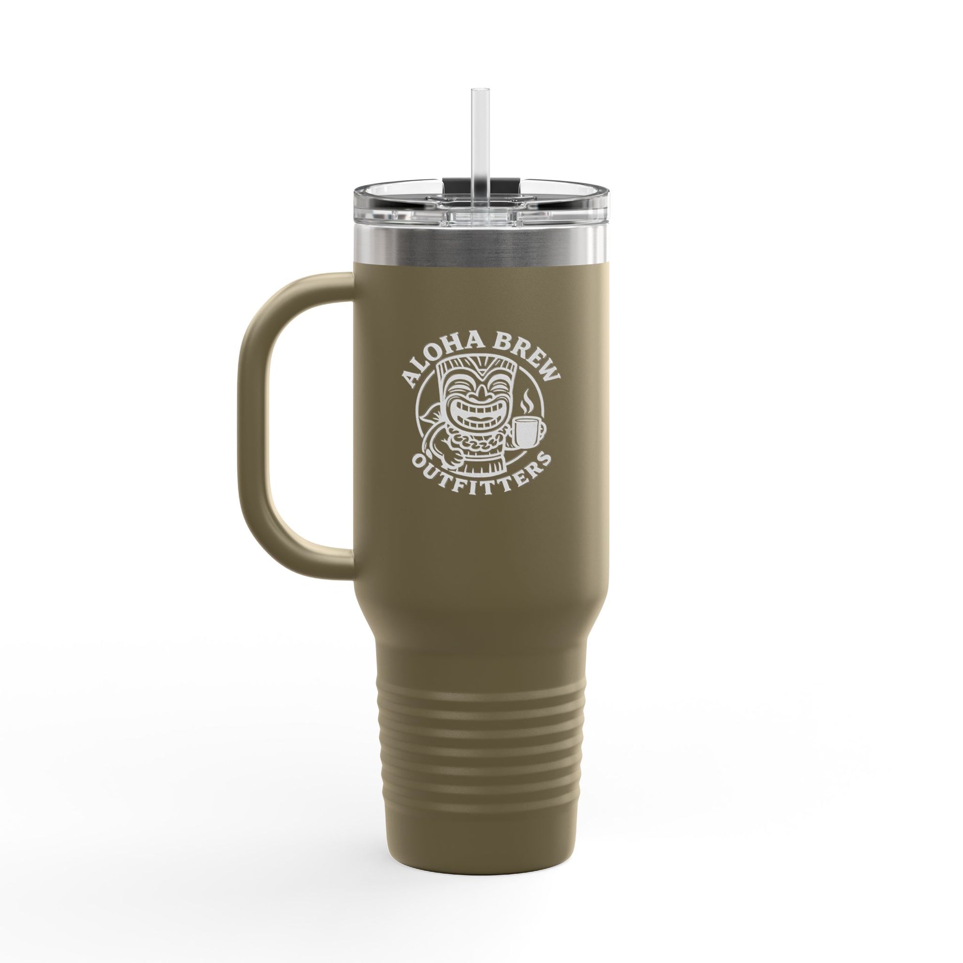 Green travel mug with handle and straw lid, featuring 'Aloha Brew Outfitters' logo on a white background.