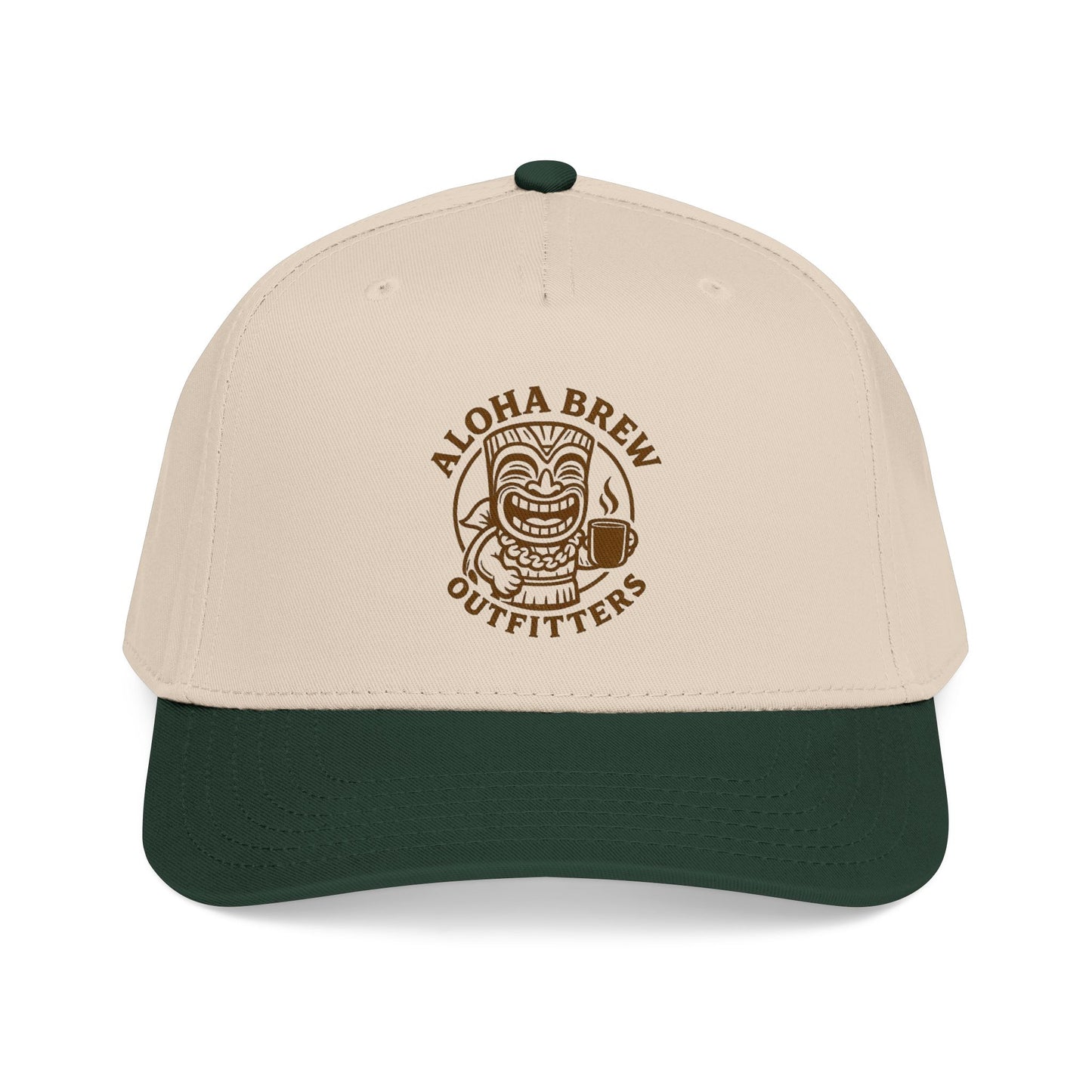 Beige and green cap with Aloha Brew Outfitters logo on a white background