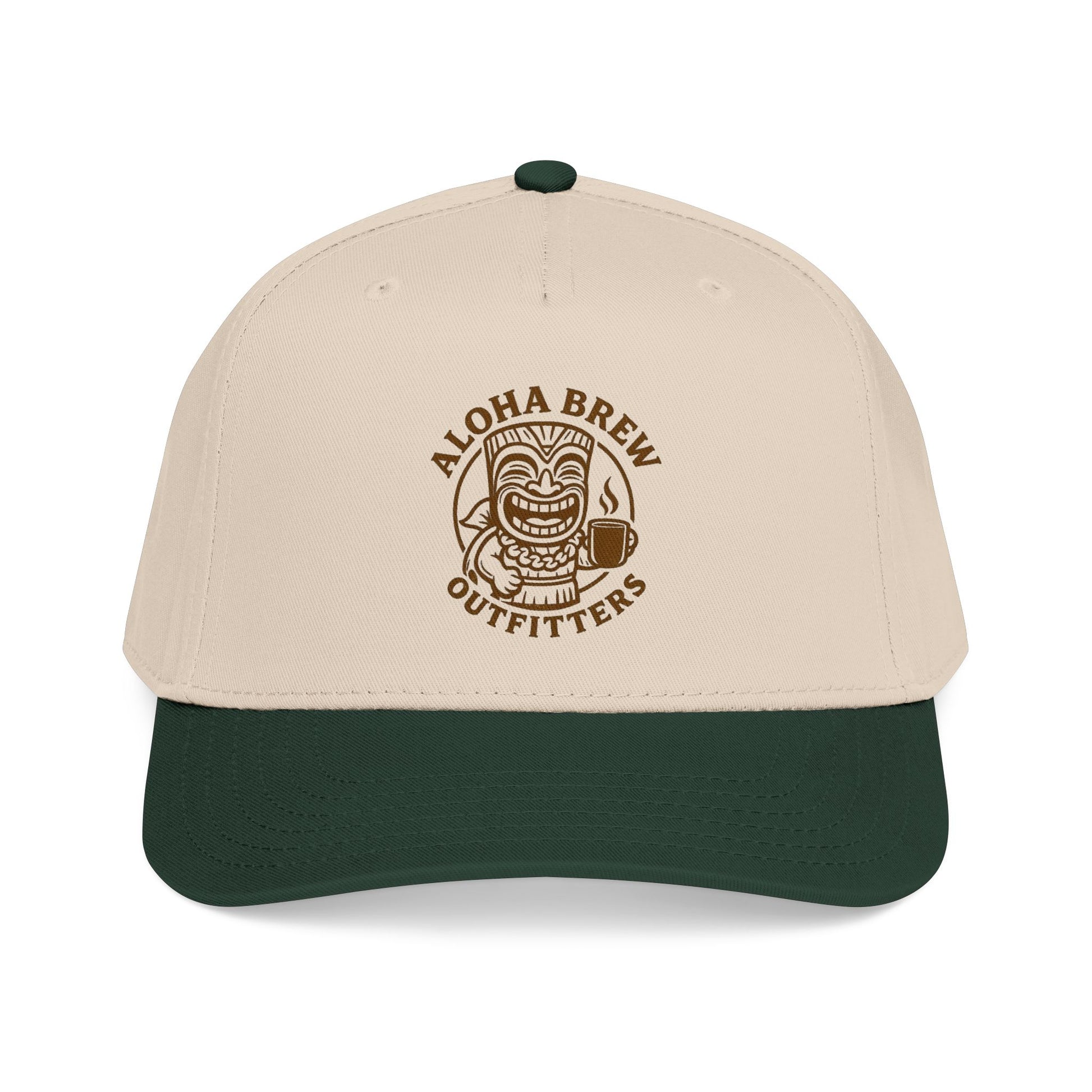 Beige and green cap with Aloha Brew Outfitters logo on a white background