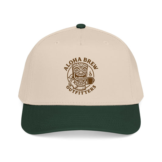 Beige and green cap with Aloha Brew Outfitters logo on a white background