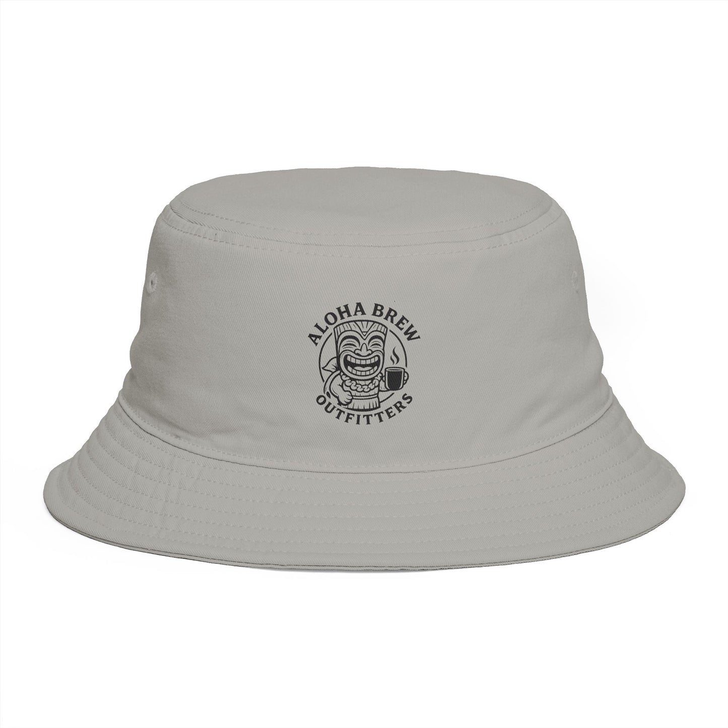 Gray bucket hat with 'Aloha Brew Outfitters' logo on a white background