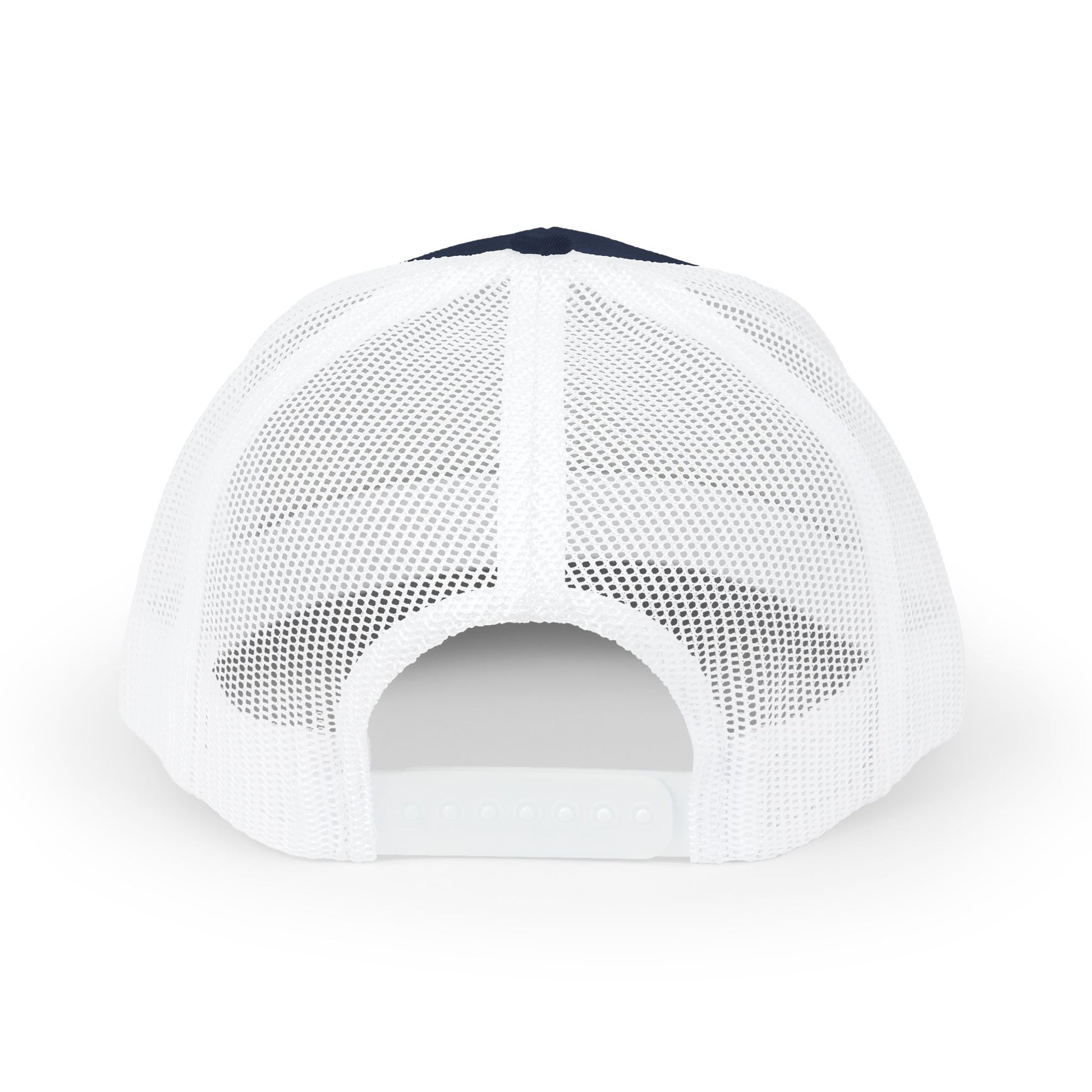 White mesh cap with a black brim on a white background
