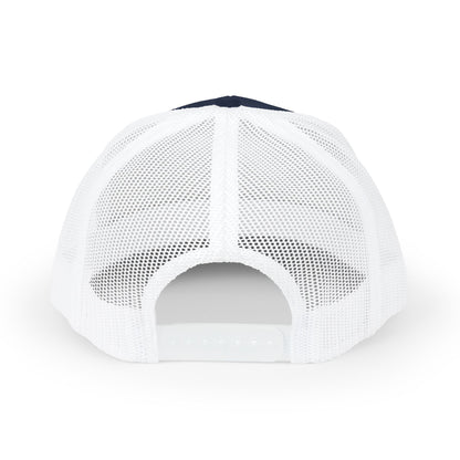 White mesh cap with a black brim on a white background