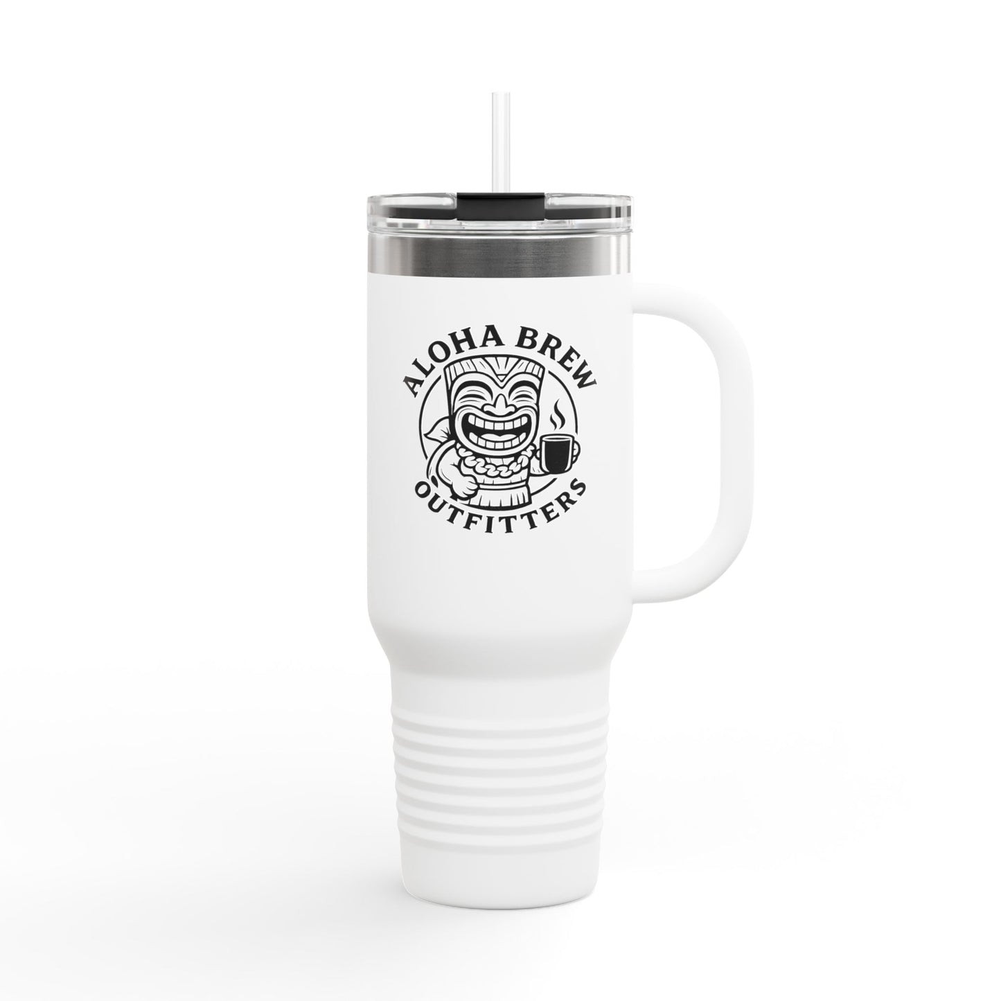 White tumbler with 'Aloha Brew Outfitters' logo on a white background