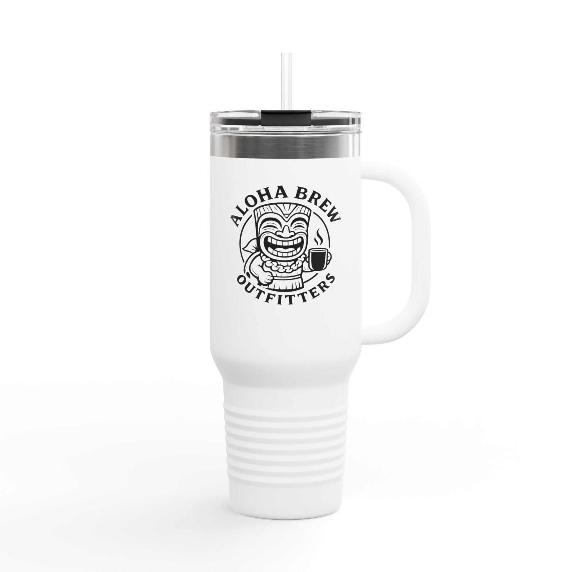 White tumbler with 'Aloha Brew Outfitters' logo on a white background