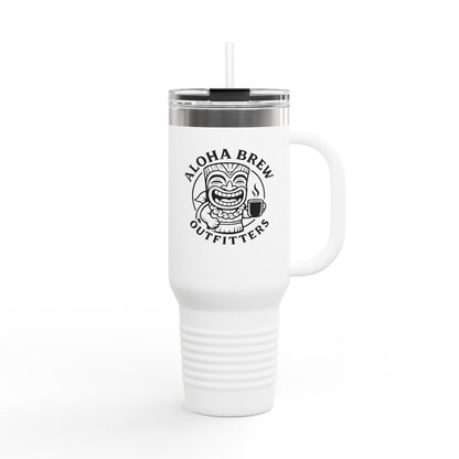 White tumbler with 'Aloha Brew Outfitters' logo on a white background