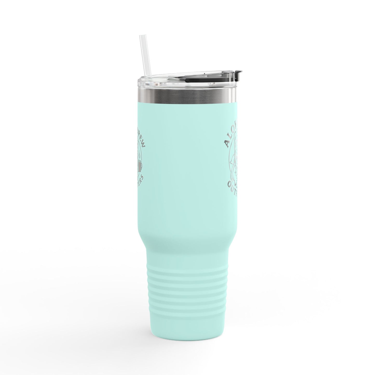 Mint green tumbler with a straw on a white background