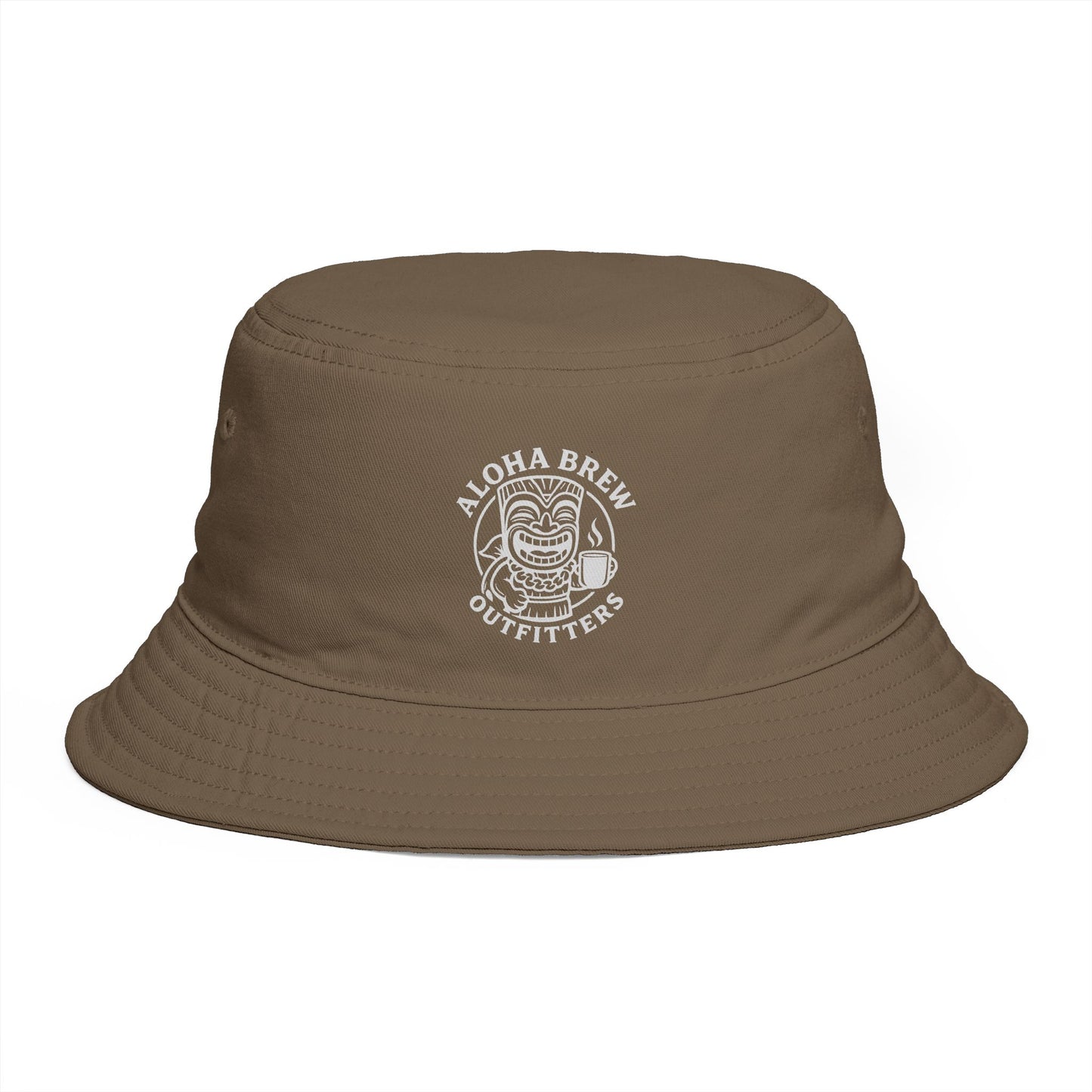 Brown bucket hat with a logo on a white background