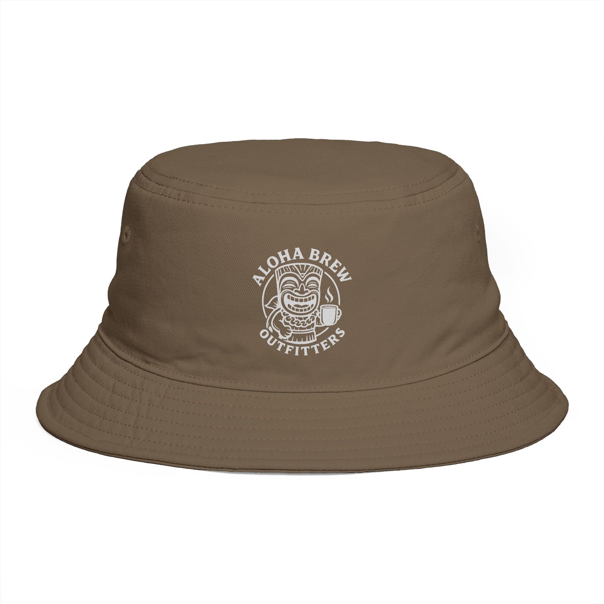 Brown bucket hat with a logo on a white background