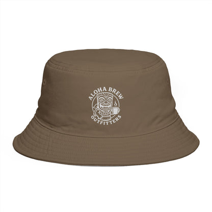 Brown bucket hat with a logo on a white background