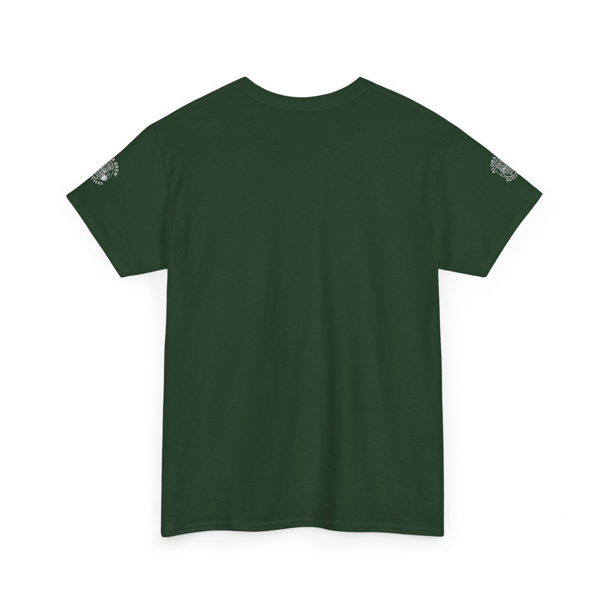 Green t-shirt with logo on sleeves against a white background
