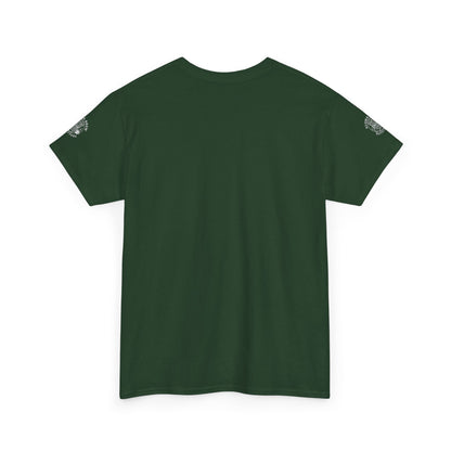Green t-shirt with logo on sleeves against a white background