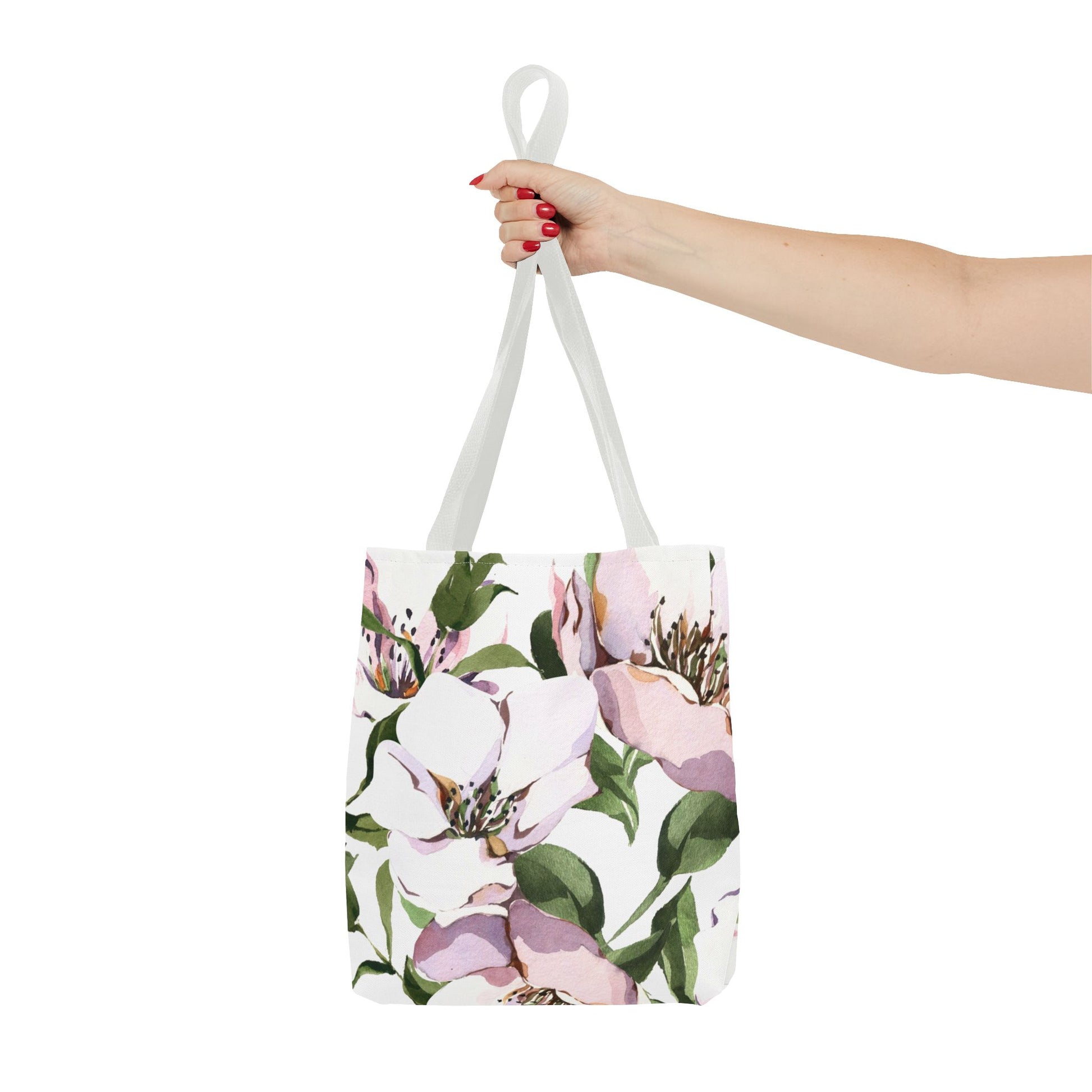 Elegant canvas tote bag with soft floral design and modern typography
