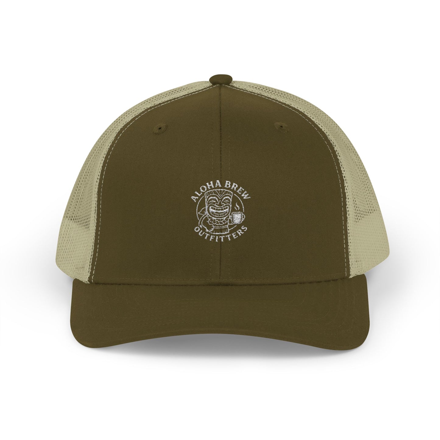 Brown and beige trucker cap with 'Aloha Brew Outfitters' logo on a white background