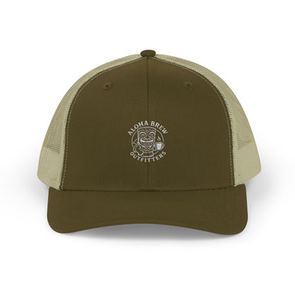 Brown and beige trucker cap with 'Aloha Brew Outfitters' logo on a white background