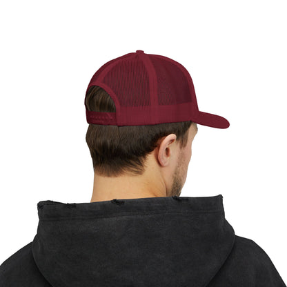 Person wearing a maroon cap and black hoodie on a white background