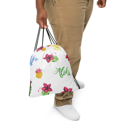 Aloha floral drawstring backpack carried by person walking