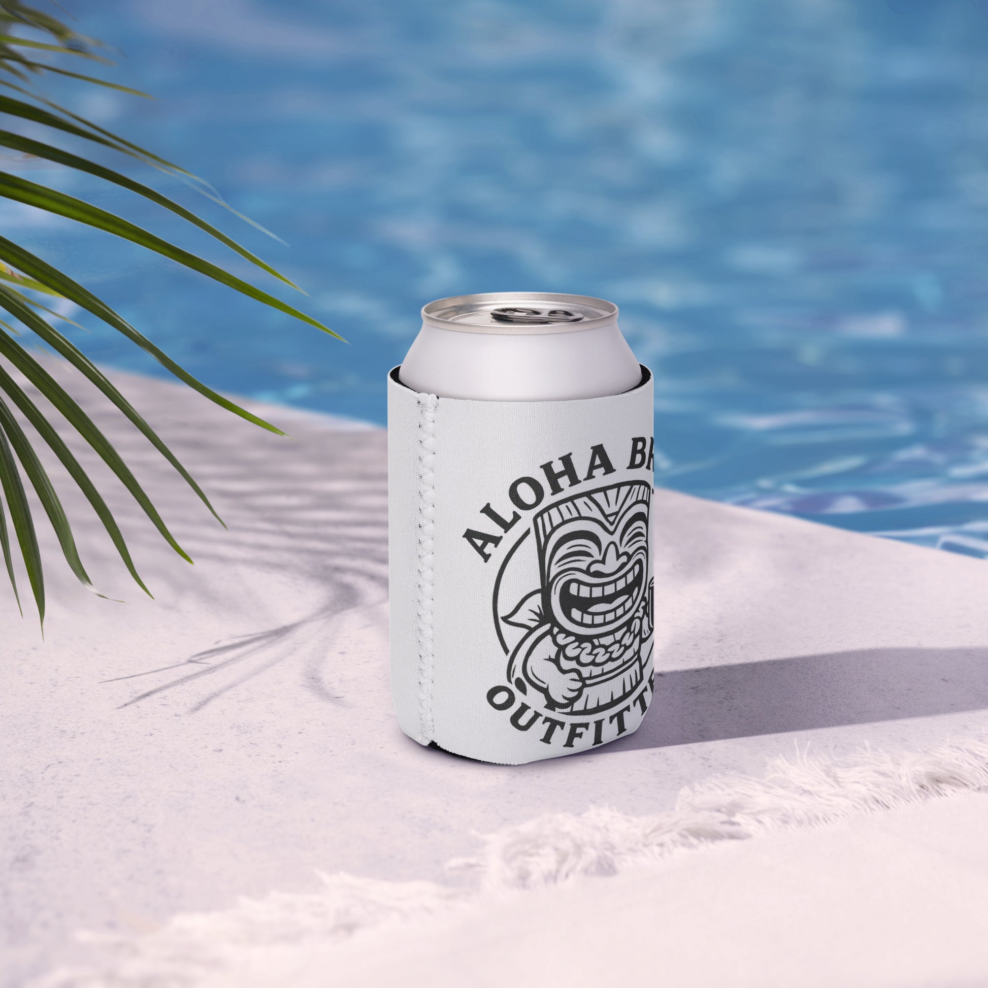 Insulated beer koozie holding cold beverage outdoors