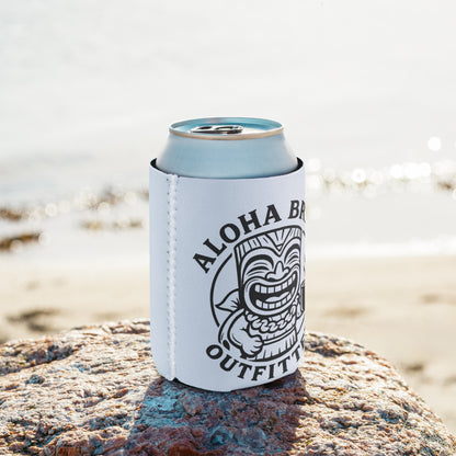 Aloha Brew can cooler sleeve on beach with drink