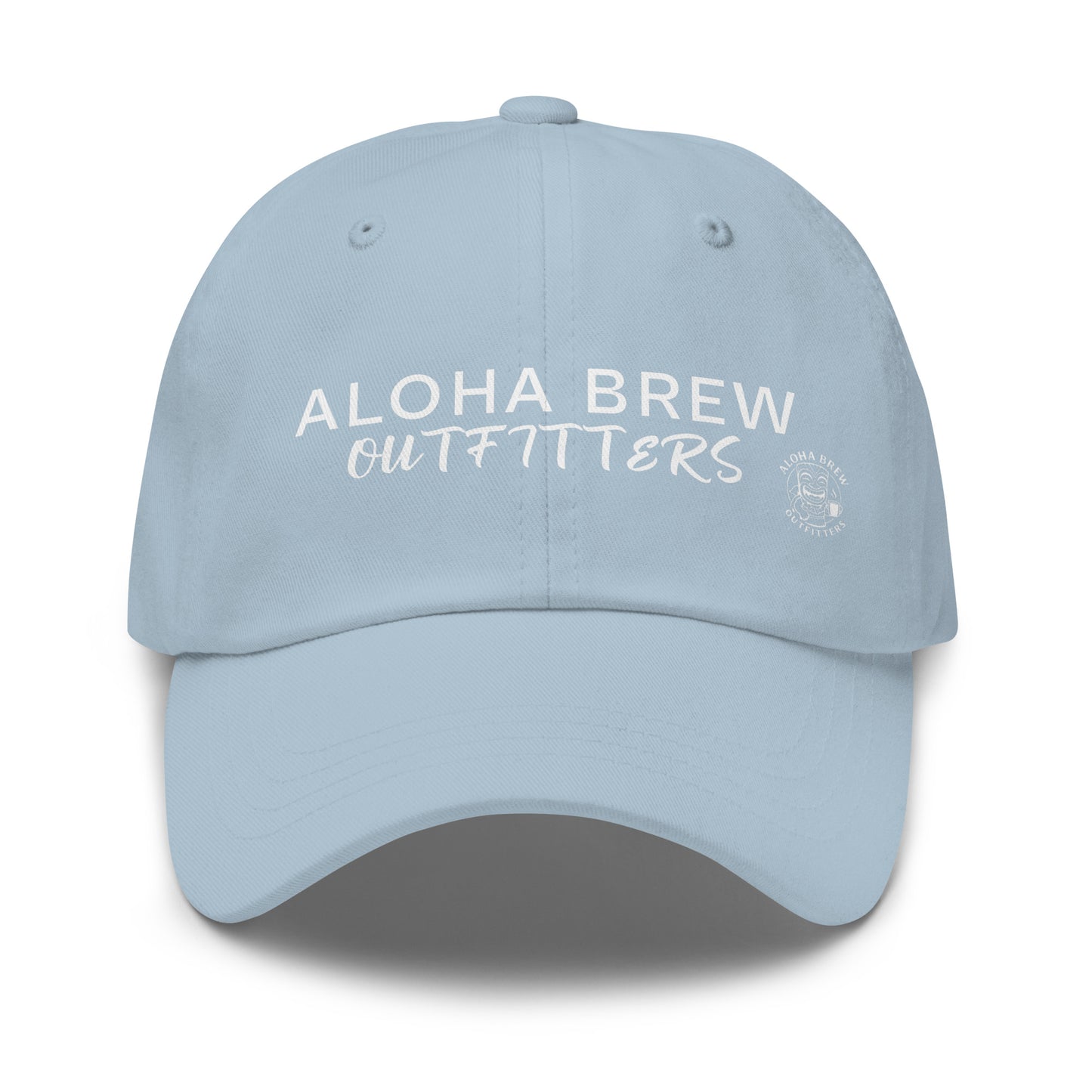 Light blue embroidered dad hat with Aloha Brew logo