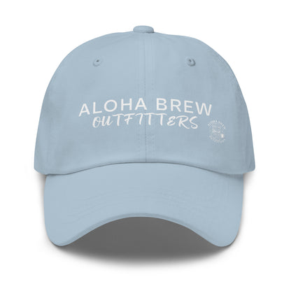 Light blue embroidered dad hat with Aloha Brew logo