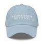 Light blue embroidered dad hat with Aloha Brew logo