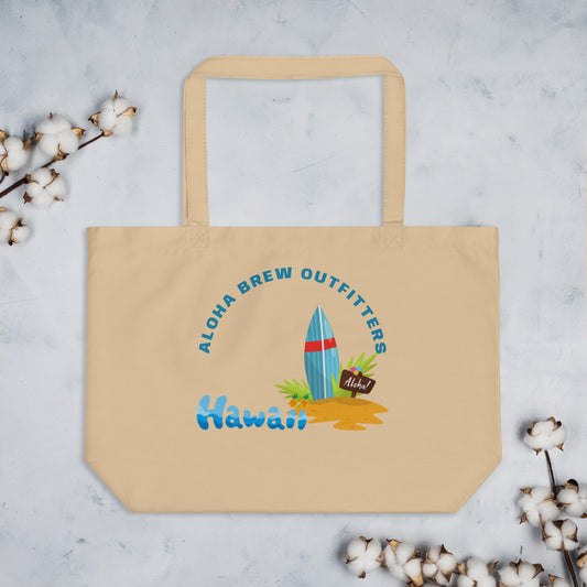 Hawaii canvas tote bag with surfboard design and Aloha Brew Outfitters logo
