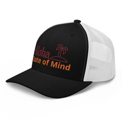 Black and white cap with 'Aloha State of Mind' text and palm tree design on a white background