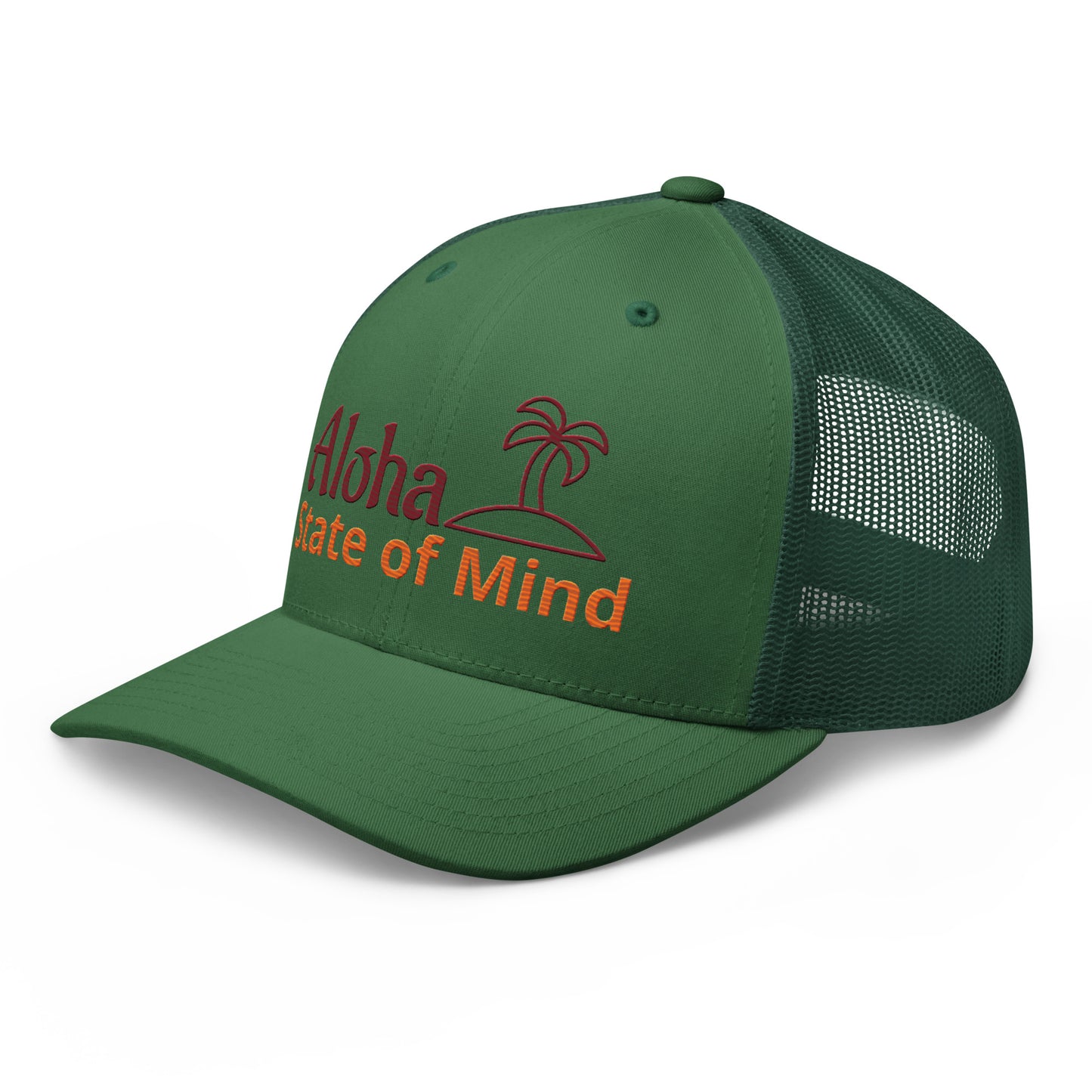 Green cap with 'Aloha State of Mind' text and palm tree design on a white background