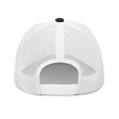 White mesh cap with a black button on a white background
