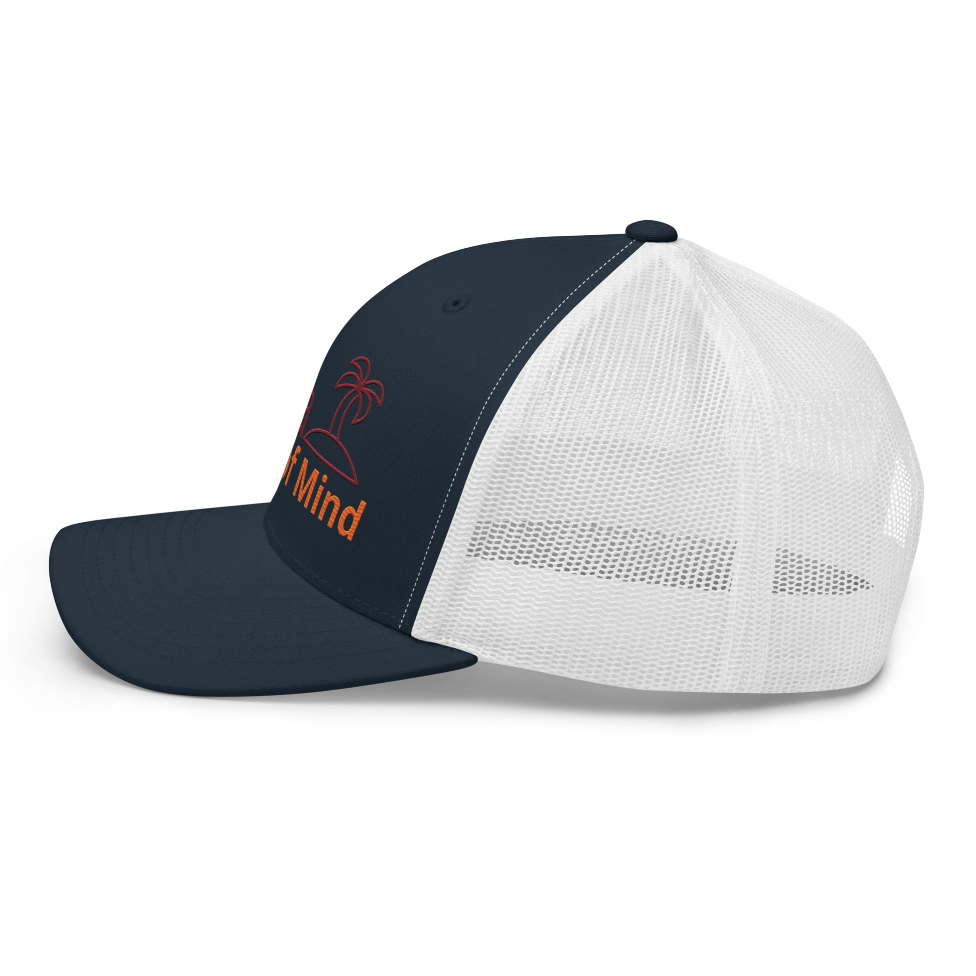 Navy and white cap with mesh back on a white background
