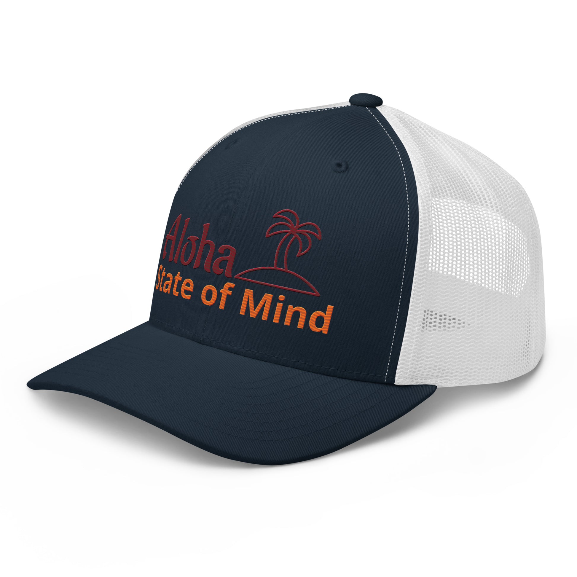 Navy and white cap with 'Aloha State of Mind' text and palm tree design on a white background