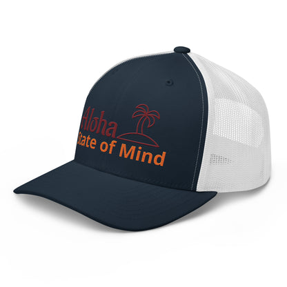 Navy and white cap with 'Aloha State of Mind' text and palm tree design on a white background